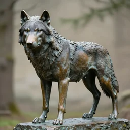 a 4 k photorealistic photo medium shot of a bronze statue of a timber wolf.