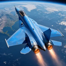 high detailed picture of a blue colored fighter jet space with active after burner, breaking the barrier to space, earth background, intricate detail, beautiful lighting, trending on artstation, 8 k