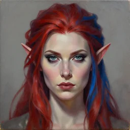 A detailed matte oil on canvas head on symmetrical portrait of a distinguished elven woman  with red and blue hair (((((makeup))))) by Charlie bowater and lise deharme wlop, trending on artstationhd,  dungeons and dragons art critical role