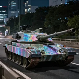 A military tank with holographic paint on a Tokyo highway at night