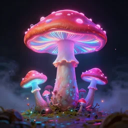 Prompt: A realistic detailled matte painting of a neon mushroom, neon particules, neon lights, neon mushrooms, alien ground, neon fog, light particules, by Edouard manet, Rembranlt, detailled light, realistic shaders, trending on artisation, detailed textures, detailed, realistic.