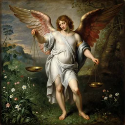 archangel michael holding a scale in a flower meadow, renaissance oil painting