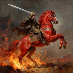 the first singular horseman of the apocalypse riding a red stallion, horse is up on it's hindlegs, the rider carries a large sword, flames from the ground, artwork by artgerm and rutkowski, breathtaking, dramatic