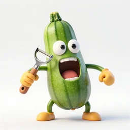 detailed 3 d render of a raging zucchini character with peeler tool running on dirt road, scared tomates scattered everywhere, high speed action, explosions, dramatic scene, hyper realistic octane render, cinematic lighting, splatter, deviantart, black sky, lowbrow, frame from pixar movie