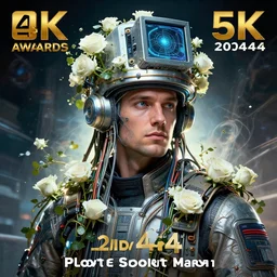hyperrealist portrait of a 2 0 4 4 space sport engineer, it is decorated with long wires and white roses that fall like vines and wears a huge computer crown. by jeremy mann and alphonse mucha, fantasy art, photo realistic, dynamic lighting, artstation, poster, volumetric lighting, very detailed faces, 4 k, award winning