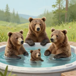 grizzly bear family chilling in a hot tub, calming, nature, painting, cute, bob ross.
