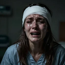 a portrait of a female mental asylum hospital patient ripped with pain and anguish and expression, crying, torn, extreme sadness, hopeless, bandaged head, very dark, depressing, grim, moody, atmospheric lighting, cinematic lighting, expressive, by nicola samori