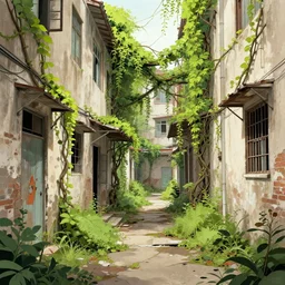 abandoned overgrown old alley in hong kong, epic vines, illustration by niko delort,