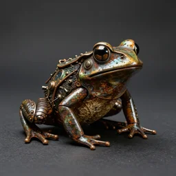 a studio photography of a steampunk amazon toxic frog sculpture made out of rusty metal