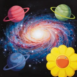 a picture of the galaxy and planets by takashi murakami, bold colors, vibrant colors