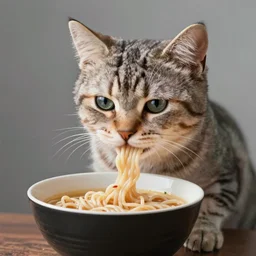 a cute kitten eating ramen noodles from a bowl, award winning photography, studio lighting, 8k, 4k, ultrarealistic details