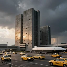 brutalist architecture, sun after a storm, ominous evening, crowded airport, taxis, cargo spaceships, crisp, intricate picture by greg rutkowski and craig mullins