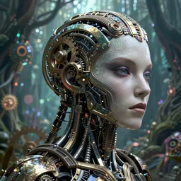 35mm portrait of a sophisticated intricate terminator woman's head on the background of a weird magical mechanical forest. Round gears visible inside her hear. Very detailed 8k. Fantasy cyberpunk horror. Sharp. Unreal 5 render with nanite, global illumination and path tracing.