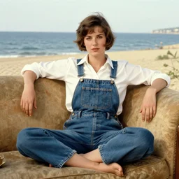 aubrey plaza sitting on a couch, next to the sea, wearing a white button up shirt with overalls, painted by jc leyendecker!!, vintage!!