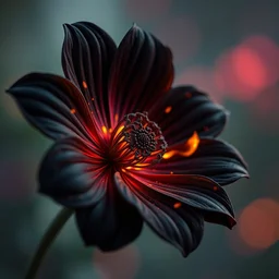 close up, hyper realistic black flower with fire texture on the petals, beaultiful background, vibrant colors, bokeh, illustrated by greg rutkowski, beautiful volumetric lighting, intricate, ultra detailed, photorealistic, trending on artstation, octane render, 8 k