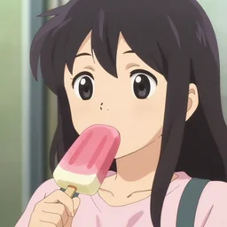 cute closeup of mamimi samejima, enjoying sucking on a popsicle in a still from the anime flcl ( 2 0 0 1 ) directed by makoto shinkai, kazuya tsurumaki