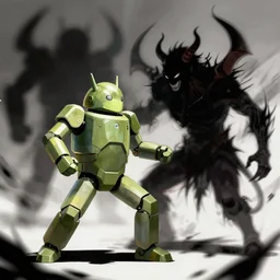 digital art, android soldier fighting shadow demon