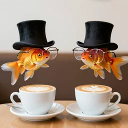 two goldfish wearing top hats and spectacles sat at a table with a latte