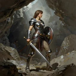 frank frazetta portrait of female warrior holding sword and sheild in grand cave, full body profile, ultra realistic, epic lighting from above