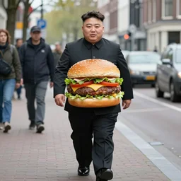 kim jong un with the body of a hamburger walking on a street in amsterdam