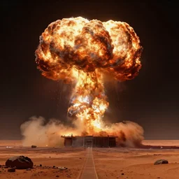 A hyper-realistic low angle wide shot matte painting of an nuclear explosion on mars by thomas kinkade and georgio de chirico. Subject in view, symmetrical composition, f11, octane render, cgsociety