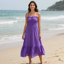 realistic photo of Violet Part in a two-piece dress at the beach