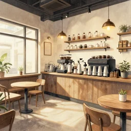 interior of a coffee shop, anime style, cozy, drawing, highly detailed