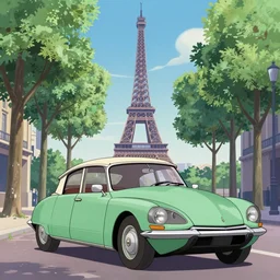 a wholesome beautiful animation key shot of!! one!! focused!! 1 9 7 4 citroen ds!! in a tree lined paris street,!! one eiffel tower!!, medium shot, studio ghibli, ( pixar ) and disney animation, sharp, very detailed, high resolution, rendered in unreal engine 5, anime key art by greg rutkowski, bloom, dramatic lighting