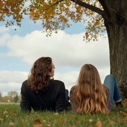 young man with long brown hair and woman with long light brown hair, laying under a tree looking at clouds autumn, ( ( ( wearing jeans ) ) ), by charles sillem lidderdale.
