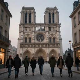 a street with notre dame cathedral in the background, misty evening, fantasy art, highly detailed matte painting, low angle view, telephoto lens 2 0 0 mm, by stanley artgerm lau, greg rutkowski, thomas kinkade, alphonse mucha, loish, norman rockwell, artstation
