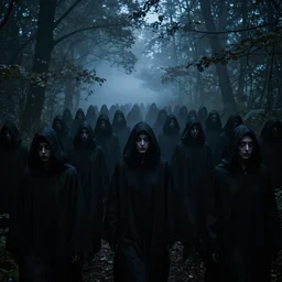 big crowd with black cloaks in the forest, creepy, thick fog, midnight, bright eyes