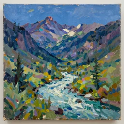 Realist colorful impasto painting of the Salmon River mountain valley at midnight by John Harris, 4k scan, oil on canvas, visible brushstrokes