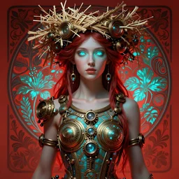 the goddess demeter, straw wreath, full body, steampunk, glowing eyes, volumetric lights, red and cyan theme, art nouveau botanicals, intricate, highly detailed, digital painting, artstation, concept art, smooth, sharp focus, cinematic, illustration, beautiful face, art by artgerm and greg rutkowski and alphonse mucha