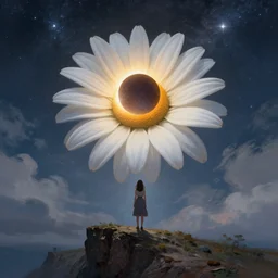 giant white daisy flower blooming on head, girl standing on cliff, surreal photography, solar eclipse, milky way, dramatic light, impressionist painting, clouds, digital painting, artstation, james gilleard, liam wong, jeremy mann, simon stalenhag