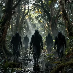 shadowy monsters in the swampy florida everglades, art by greg rutkowski and george caleb bingham and alan lee and james gurney, cinematic, spooky, dramatic lighting, hyperrealism, atmospheric