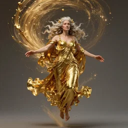Hyper realistic portrait of a beautiful old goddess floating, Liquid gold simulation in tornado, ancient fairy dust, ultra super good realistic 3D render by Pete Morbacher and Emil Melmoth, insanely detailed, trending on artstation, sharp focus