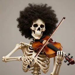 portrait photograph, Realistic Skeleton wearing an afro wig and playing the violin
