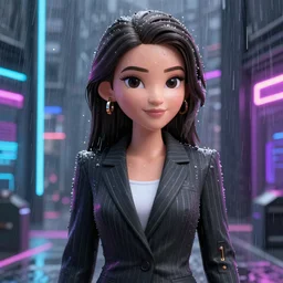 stylish woman cartoon portrait made out of rain, pinstripe suit, cyberpunk background, rendered in octane, unreal engine, highly detailed, trending on artstation, realistic, neon, beautiful
