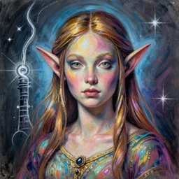 electric lore, female elf, painted by peter lloyd and frank wu, trending on artstation, rembrandt lighting front view iridescent colors, chalk art, macro, magic realism, manierism