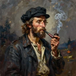 painting of sailor hobo hyperrealism vasily vereshchagin with smoking pipe