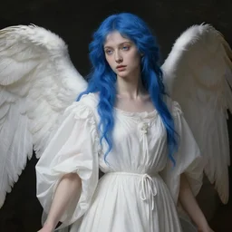 blue haired woman with pale skin, romantic, renaissance, angel, beautiful, white robes, white dress, 2 0 years old, old masters, leonardo da vinci