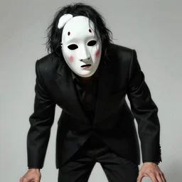 a man wearing a creepy noh mask and black suit looming, character concept art by tim bradstreet