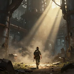 A highly detailed 4K fantasy matte painting of an adventurer walking through an abandoned industrial factory, volumetric sun rays and dust, Thomas Kinkade, Greg Rutkowski, ArtStation, CGSociety, Unreal Engine