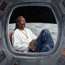 snoop dogg chilling in the moon base, moon surface visible through the window, painting by alexei leonov