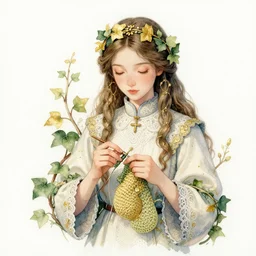 priestess of crocheting and ivy vines. watercolor and gold leaf by award - winning mangaka, gothic horror, romanticism, intricate details, depth of field, backlighting