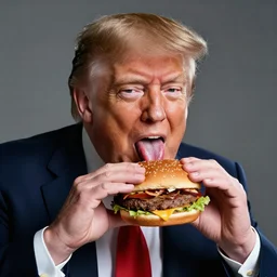 photo still of donald trump! licking! a burger with his! tongue! out, mmmmm, studio portrait photo, studio lighting, rim light, key light, food photography, 3 5 mm f 1. 8