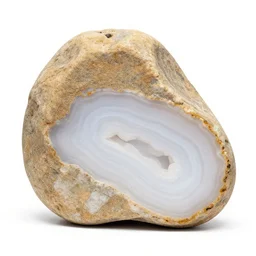 studio portrait of an entire rock that is half sandstone and half agate white background