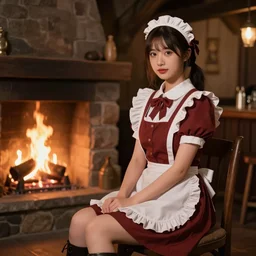young attractive beautiful bar maid in a medieval tavern at night sitting next to a lit fireplace, 4 k detail fantasy, photo realistic, cinematic, filmic, studio lighting