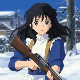 portrait of anime girl in dress dress with rifle in hands winter by greg rutkowski, key visual, kyoto animation, makoto shinkai, studio ghibli pixiv, sharp, detailed, high quality, award winning trending on artstation super detailed face sparkling eyes fingers