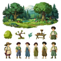 forest  kitbash scenario  game asset pack to kitbash. PNG, vector art, separated,  transparent background, 4k, spritesheet Ori and the blind forest. Ghibli studio